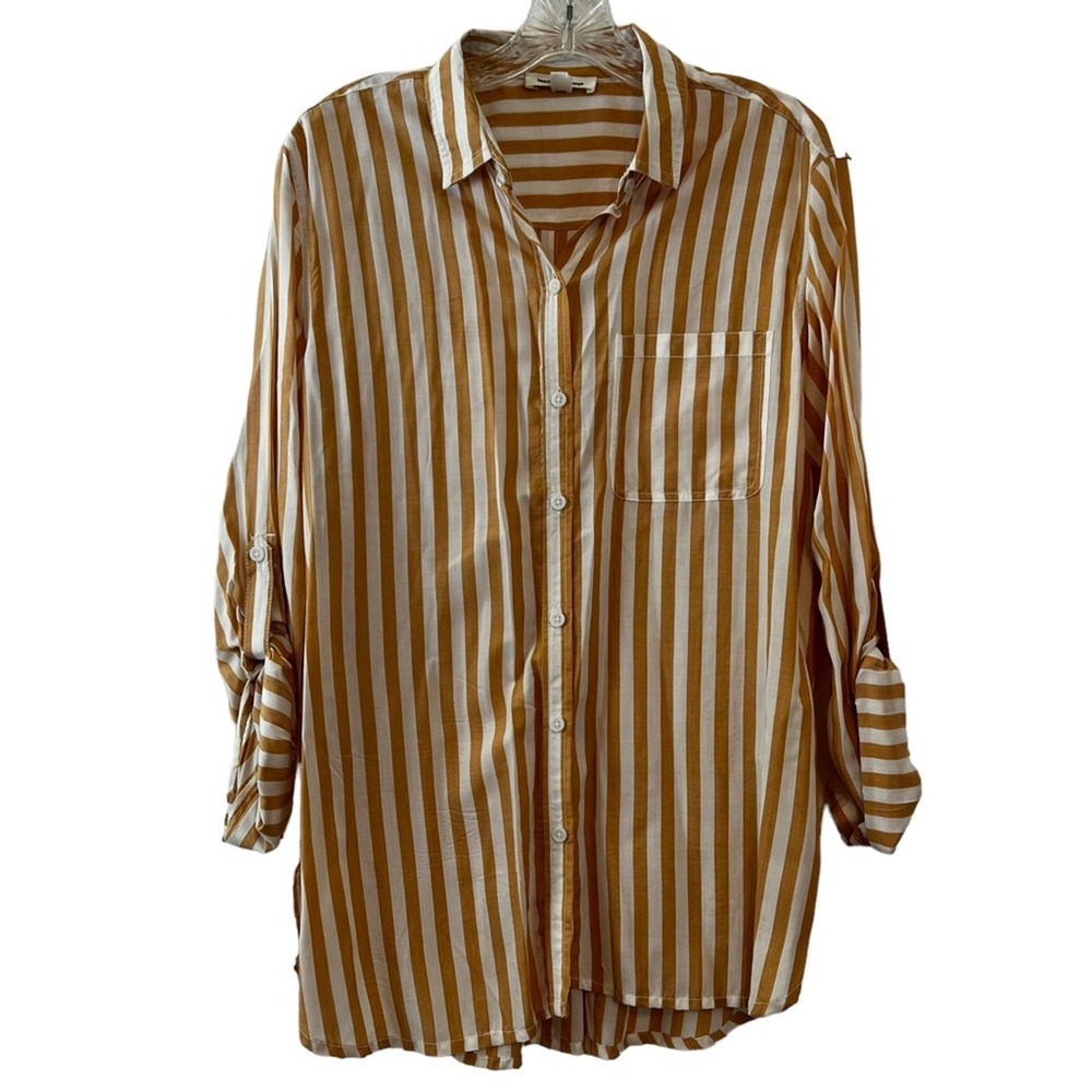 Beachlunchlounge Button Front Shirt Vertical Stripe Roll Tab Sleeve Size Medium